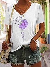 abordables T-shirt floral-Femmes T-shirt Fleuri Graphique Lettre Bohème ancien Élégant Manche Courte Col en V Hauts Réguliers Quotidien Sortir Week-end Imprimé Noir Blanche Rose Claire Violet Vert Été Printemps