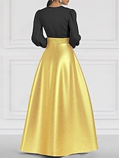 economico Vestiti da sera-Abito da Sera A-Line Nera e Oro con Cravatta Nera Gonna Jacquard Brillante con Cintura Formale Matrimonio Lunghezza a Terra Manica Lunga Collo a V Seta con Tasca e Fessura