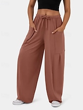 economico gamba larga e vita alta-Per donna Gamba larga Pantaloni Eleganti Streetwear Casual Lunghezza intera Naturale Semplice Tasca Design con Coulisse Elastica Comodo Streetwear Ferie Rosso violaceo Nero Verde militare Marrone