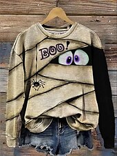 preiswerte Halloween Oberteile-Damen Pullover Sweatshirt Grafik Schädel Halloween Mode Lässig Langarm Rundhalsausschnitt Rundhals Normale Oberteile Straße Alltagskleidung Lässig Druck Schwarz Braun Grün Hell Gray Dunkelgray Herbst