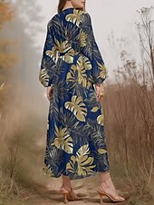 preiswerte Blumenkleid-Damen Midikleid Freizeitkleid Chiffon Schwingkleid Modern Urlaub Täglich Wochenende Normale Passform Blatt Tropisch Langarm V Ausschnitt Marineblau Blau Dunkelblau Blau Schwarz Sommer Frühling Herbst