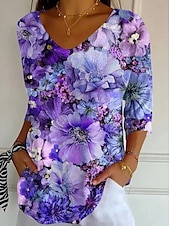 ieftine Topuri florale-Pentru femei Bluză Floral Grafic Epocă Tropical Stilat Lungime Manșon 3/4 În V Topuri obișnuite Zilnic Negru Mov Deschis Mov Fucsia Vară Primăvară Toamnă
