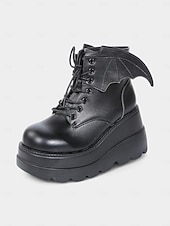 levne Pro ženy-Dámské černé lakované kotníkové boty na platformě - gotické punkové boty s patkami a šněrováním, cosplay boty na robustním podpatku na Halloween, večírky a alternativní módní outfity