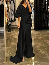 cheap YELLOW-Sheath Evening Gown Elegant Dress Formal Sweep / Brush Train Half Sleeve V Neck Satin with Pleats Ruched Crystals