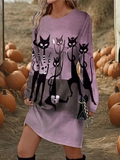 ieftine Rochie de Halloween-Halloween rochie mini pentru femei rochie tricou rochie tip tricou rochie scurtă rochie de vară vacanță casual petrecere zilnic croială regulată grafică mânecă lungă guler rotund violet fuchsia verde