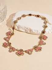 economico Collana da donna-Set di gioielli vintage da donna con cristalli floreali: elegante collana in oro e orecchini pendenti con pietre preziose rosa e verdi, accessori romantici per balli serali e cocktail party