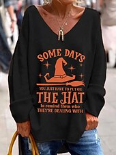 preiswerte Halloween Oberteile-Halloween Damen T Shirt Grafik Buchstabe Hexe Elegant Mode Lässig Langarm V Ausschnitt Normale Oberteile Täglich Wochenende Druck Schwarz Purpur Orange Grün Grau Frühling Herbst