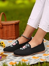 preiswerte Damenhausschuhe und -halbschuhe-Barfußschuhe für Damen mit breiter Zehenpartie – Flyknit-Ballerinas mit Blumenstickerei für Picknicks, Gartenspaziergänge und Sommerausflüge