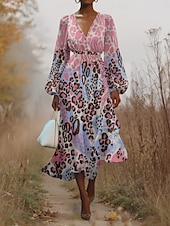 cheap Art&amp;Design Dress-Women&#039;s Midi Dress Casual Dress Chiffon Swing Dress Modern Vacation Daily Weekend Regular Fit Leopard Long Sleeve V Neck Pink Blue Purple Green Summer Spring Fall Autumn