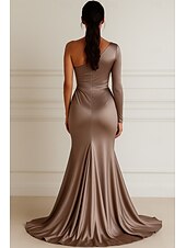 economico Rosa-Sirena / Tromba Abito da Sera Elegante Vestito Formale Matrimonio Lunghezza al pavimento Manica Lunga Monospalla Vestito Rosa Raso Elasticizzato con Pieghe 2025