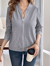 baratos Blusas Simples Femininas-Mulheres Moletons com zíper Tecido Roupa de rua Casual Confortável Manga Longa Decote V Tops regulares Rua Feriado Para Noite Zip Up Preto Cinzento Outono