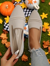 abordables Ballerines femme-Ballerines Flyknit beiges pour femmes à bout pointu – des ballerines légères et décontractées à enfiler pour les pique-niques d&#039;automne, les champs de citrouilles et les cafés du week-end