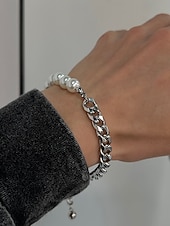 tanie Biżuteria męska-męski zestaw biżuterii z pereł i łańcuszków – modny naszyjnik i bransoletka z pół perły, pół metalu na styl uliczny, hip-hopowy i imprezowy