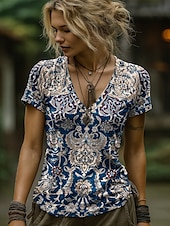 abordables T-shirt Boho-Femmes T-shirt Fleuri Graphique Paisley Bohème ancien Élégant Manche Courte Col en V Hauts Réguliers Quotidien Sortir Week-end Imprimé Noir Rouge Bleu Orange Gris Été Printemps