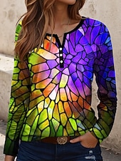 billige Kunst &amp; Design t-skjorte-Dame T skjorte Geometrisk Årgang Stilfull Fritid Langermet Crew-hals Vanlige topper Daglig Trykt mønster Gul Blå Oransje Grønn Vår Høst
