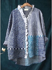 levne Dámské pruhované a geometrické topy-Dámské Boho košile Grafika Geometrický Elegantní Čechy Aktivní Do V Běžné topy Denní Dovolená Oblečení na pláž Volány Džínová modrá Žlutá Rubínově červená Vodní modrá Fialová Podzim