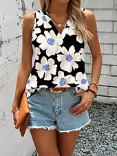 billige Blomstrete tanktop-Dame Camisole Tank Top Blomstret Grafisk Geometrisk Elegant Årgang Tropisk Ermeløs V-hals Vanlige topper Daglig Trykt mønster Svart Oransje Grønn Beige Sommer Vår