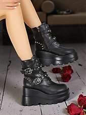 abordables Pour les femmes-Bottines à plateforme pour femmes à imprimé chauve-souris d&#039;Halloween – Bottines de combat à talons épais et lacets de style gothique punk pour fêtes, cosplay et soirées