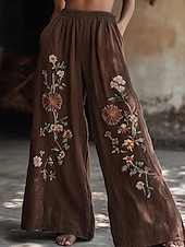 cheap Wide Leg &amp; High Waisted-Women&#039;s Wide Leg Pants Trousers Palazzo Pants Fashion Boho Full Length High Waist Flower Elastic Waist Print Breathability Comfortable Street Daily Wear Going out dark brown Coffee Spring Fall