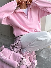 tanie Teksturowane bluzy i swetry-Damskie Pullover Plemienny Moda miejska Codzienny Wygodny Długi rękaw Wysoki Zwykłe topy Ulica Święto Wyjściowe Nadruk Quarter Zip Rumiany róż Jesień