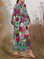 preiswerte Blumenkleid-Damen Midikleid Freizeitkleid Chiffon Schwingkleid Modern Urlaub Täglich Wochenende Normale Passform Blumen Langarm V Ausschnitt Hellgrün Marineblau Dunkelgrün Grün Sommer Frühling Herbst