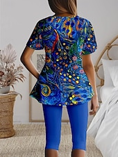 abordables Ensembles courts pour femmes-Femmes Mode T-shirt Ensembles de Shorts Manche Courte Col en V Fleuri Graphique Géométrique Imprimé Décontracté Quotidien Noir Bleu Roi Bleu Été Coupe régulière