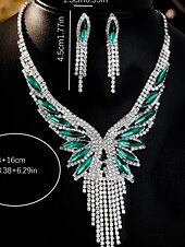 economico Collana da donna-Set di gioielli di lusso in cristallo da donna: collana placcata in argento e orecchini pendenti con accenti di pietre preziose verdi, eleganti accessori per cocktail e feste serali