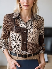 voordelige Vrouwen&#039;s Kunst &amp; Design Tops-Dames Blouse Geklede topjes Chiffon-topjes Grafisch Kleurenblok Elegant Dagelijks Stijlvol Lange mouw Overhemdkraag Normale tops Werk Dagelijks Knop Afdrukken blauw Olijf Smaragdgroen Bruin Regenboog