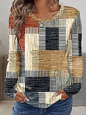 billige Stripe og geometrisk t-skjorte-Påske Dame T skjorte Grafisk Geometrisk Ruter Årgang Stilfull Klassisk Langermet Crew-hals Rund hals Vanlige topper Daglig Trykt mønster Kakifarget Sommer Vår Høst