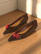 abordables Sandalias planas de mujer-Bailarinas de ante burdeos para mujer: diseño de rosas bordadas con flores, elegantes zapatos sin cordones con punta puntiaguda para salidas informales, fiestas en el jardín y citas románticas.
