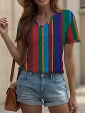 ieftine Tricou cu dungi și geometric-Pentru femei Tricou Grafic Geometric Dungi Epocă Stilat Clasic Manșon scurt În V Topuri obișnuite Zilnic Imprimeu Galben Roșu-aprins Albastru piscină Mov Trifoi Vară Primăvară