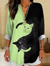 billige Dyr Topp-Kvinnes Bluse Tunika V-hals Lange Ermer Boho Casual Sommer Topper Grafisk Dyr Katt Vintage Tropisk Vanlige Topper Daglig Bruk Print Svart Og Hvit Gul Rosa Rød Blå