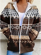 economico Tops Boho-Giacca Felpa con Cappuccio da Donna con Maniche Lunghe e Zip con Tasche Leggera e Casual Micro-elastica Oversize Geometrica a Strisce Attiva Vintage Sportiva con Coulisse Rosso Blu Viola Marrone