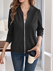 cheap Hoodie Jacket-Women&#039;s Casual Jacket Comfortable Breathable Full Zip Daily Casual Plain Casual Daily Regular Stand Collar Regular Fit Long Sleeve Outerwear Black Gray Spring Fall