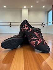 baratos Sapatos de Dança Latina-Sapatos de dança femininos com cadarço e flores pretas e vermelhas - salto grosso, sapatos profissionais para prática de salão de baile para dançarinas e treinamento latino