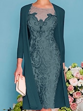 preiswerte Mit Jacke-Zweiteiliges Schlauchkleid Strandhochzeit Mutter der Braut Hochzeitsgast Elegant Juwelen-Ausschnitt knielang Chiffon Spitze 3/4 Ärmeln mit Wrap eingeschlossener Jacke Kleider mit Perlenapplikationen