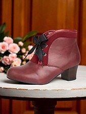 abordables Années 1950-Bottines bordeaux d&#039;inspiration victorienne des années 1900 pour femmes – bottines à talons à lacets en similicuir avec nœud en ruban pour un usage quotidien et des tenues vintage