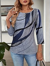 baratos Camiseta de Arte &amp; Design-Mulheres T-shirt Geométrica Abstrato Casual Boho Manga Longa Decote Redondo Tops regulares Para Noite Final de semana Roupas de férias Azul Dourado Cinzento Primavera / Outono / Inverno / Verão