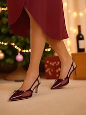cheap Nightlife Party-Women&#039;s Burgundy Mesh Slingback Heels - Pointed Toe Kitten Heels with Bow Detail for Formal Events and Nightlife Parties