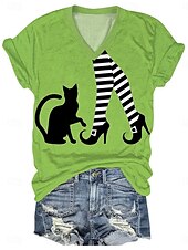 abordables Hauts d&amp;#39;Halloween-Halloween Femmes T-shirt Graphique Chat Sorcière ancien Élégant Classique Manche Courte Col en V Hauts Réguliers Quotidien Imprimé Orange Vert Été Printemps Automne