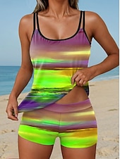 abordables Tankinis-Femmes Maillots de Bain Tankini 2 pièces Taille haute Maillot de bain Dos nu Vacances Tenues de plage A Ombre Graphique Col en U Sans manches Maillots de bain