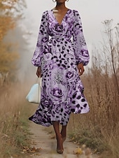 preiswerte Blumenkleid-Damen Midikleid Freizeitkleid Chiffon Schwingkleid Modern Urlaub Täglich Wochenende Normale Passform Blumen Leopard Langarm V Ausschnitt Purpur Dunkelviolett Grau Sommer Frühling Herbst