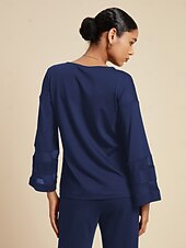 billiga Tvådelade set-Dam Vardaglig stil Chiffong Huvudstad Enfärgad / vanlig färg Dagliga kläder Datum Utekväll Illusion ärm Svart Vit Marinblå Crewneck Ren färg Ledig Långärmad Elegant Ledigt vardag Rund hals Vår