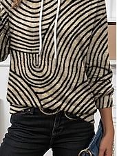 voordelige Gestreepte en Geometrische Tops-Dames Trui met capuchon Sweatshirt Grafisch Geometrisch Gestreept Elegant Warm Actief Lange mouw Capuchon Normale tops Straat Dagelijks gebruik Casual Afdrukken Bruin Lente Herfst Winter
