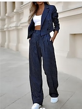 abordables Ensembles chemisiers pour femmes-Femmes Mode Quotidien Ensembles deux pièces Ensembles de Pantalons manche longue Col de chemise Rayé Imprimé Bureau Noir Bleu Gris Été Coupe régulière