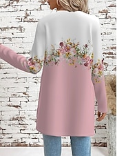 billiga Kappor och trenchcoats-Dam Vardaglig jacka Bekväm Andningsfunktion Ficka Elegant Ledigt Blommig Ledigt Dagliga kläder Öppen front Lång Rund halsringning Normal Långärmad Ytterkläder Rodnande Rosa Blå Vår Höst