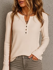 abordables Hauts Unis pour Femmes-Femmes Chemisier Uni Élégant Moderne manche longue Col en V Hauts Réguliers Quotidien Fête Boutons Vert Claire Bleu Beige Gris Été Printemps Automne