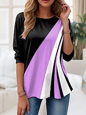 abordables T-shirt rayé et géométrique-Femmes T-shirt Graphique Géométrique Bloc de Couleur ancien Élégant Classique manche longue Col ras du cou Col rond Hauts Réguliers Quotidien Imprimé Rose Claire Bleu Violet Vert Gris Été Printemps