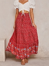 abordables Faldas gráficas-Mujer Falda Línea A Bohemia Casual Maxi Alta cintura Faldas Floral Estampado Microelástico Calle Diario Rojo Albaricoque Verano Poliéster Rayón