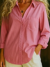 economico Camicie-Camicia da donna in 100% cotone, tinta unita, stile bohémien, vintage, da giorno, a maniche lunghe, con colletto, da giorno, per le feste, con tasca, bianca, rosa, rossa, blu, viola, primavera,